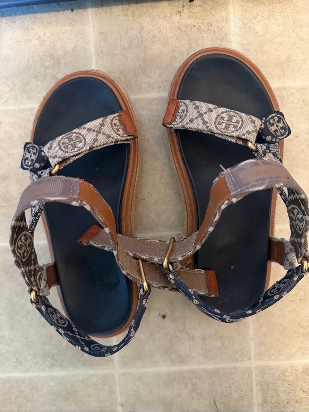Tory Burch Navy and Tan Logo Strap Sandals